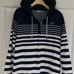LL Bean Hoodie Pullover Blue White Stripe Size L